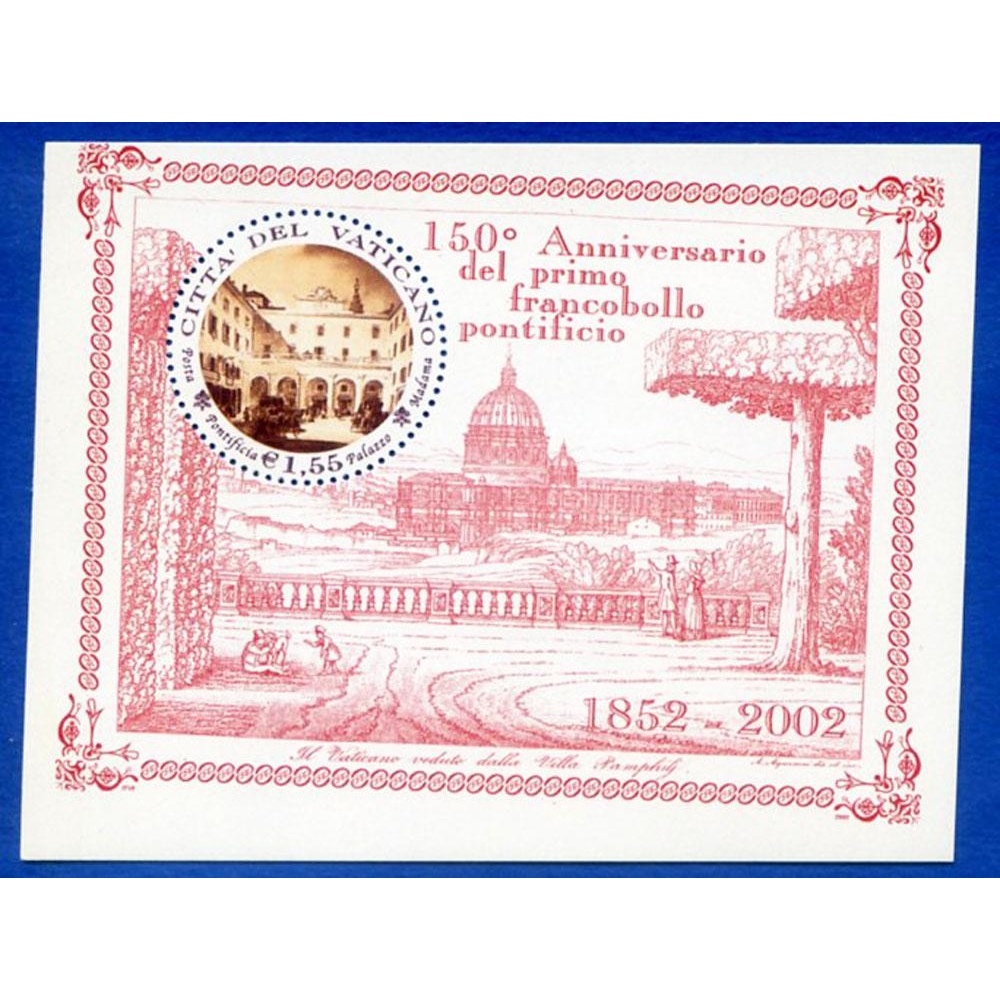 Vaticano. 150° del primo francobollo pontificio 2002. Foglietto. Varietà.