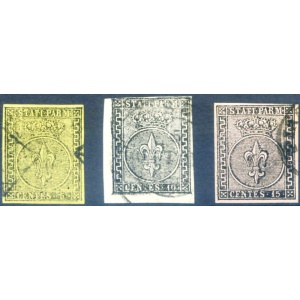 Parma. Giglio 5 c. + 10 c. + 15 c. 1852. Usati.