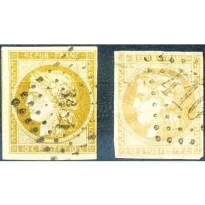 Cerere 10c. Bistro giallo (1849). 2 esemplari usati.
