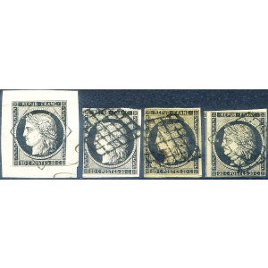 Cerere 20 c. nero su giallo (1849). 4 esemplari usati.